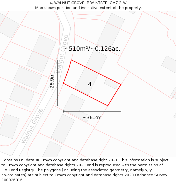 4, WALNUT GROVE, BRAINTREE, CM7 2LW: Plot and title map