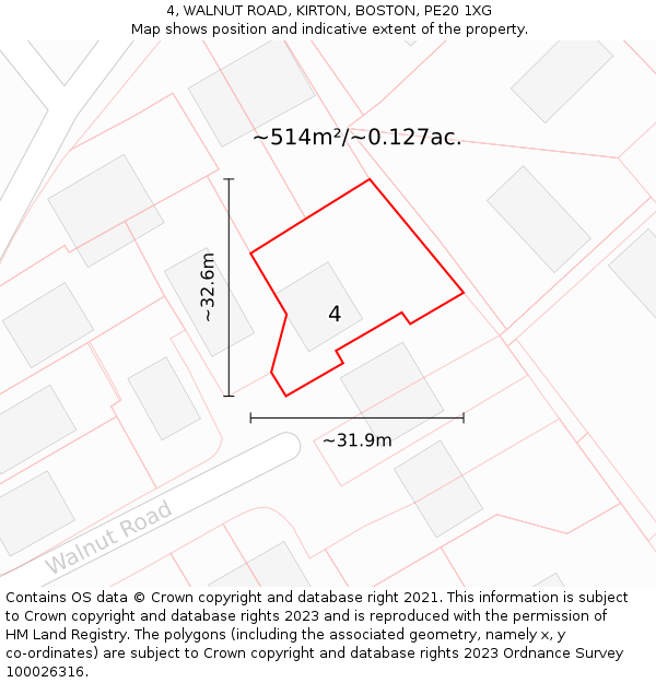 4, WALNUT ROAD, KIRTON, BOSTON, PE20 1XG: Plot and title map