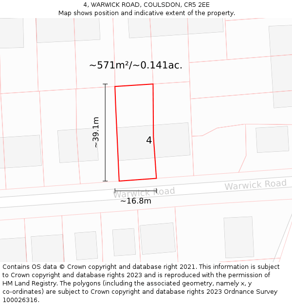 4, WARWICK ROAD, COULSDON, CR5 2EE: Plot and title map