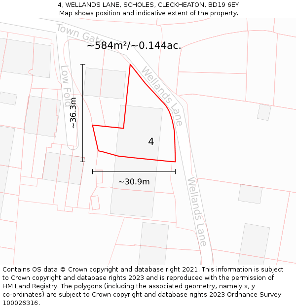 4, WELLANDS LANE, SCHOLES, CLECKHEATON, BD19 6EY: Plot and title map