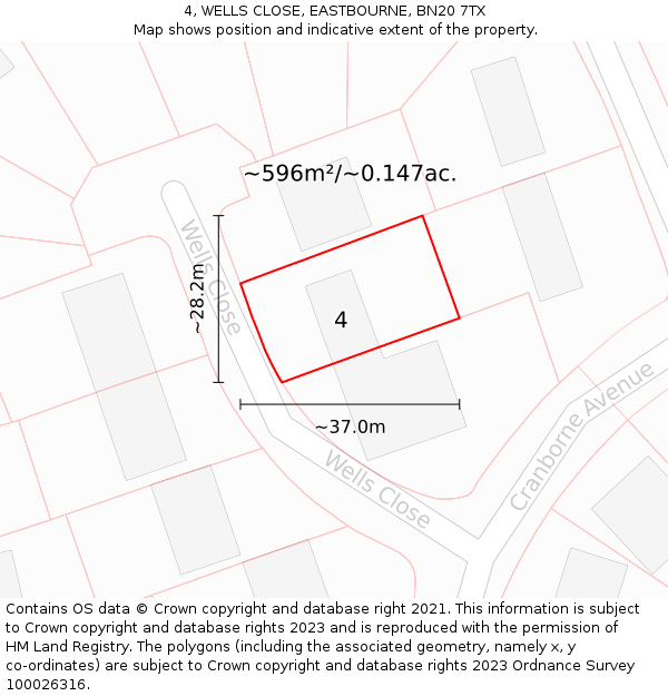 4, WELLS CLOSE, EASTBOURNE, BN20 7TX: Plot and title map