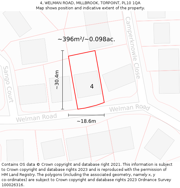 4, WELMAN ROAD, MILLBROOK, TORPOINT, PL10 1QA: Plot and title map