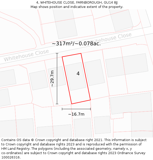 4, WHITEHOUSE CLOSE, FARNBOROUGH, GU14 8JJ: Plot and title map