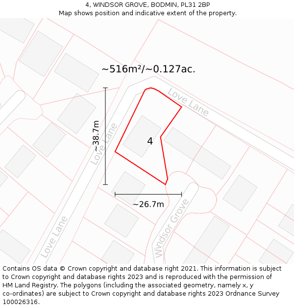 4, WINDSOR GROVE, BODMIN, PL31 2BP: Plot and title map