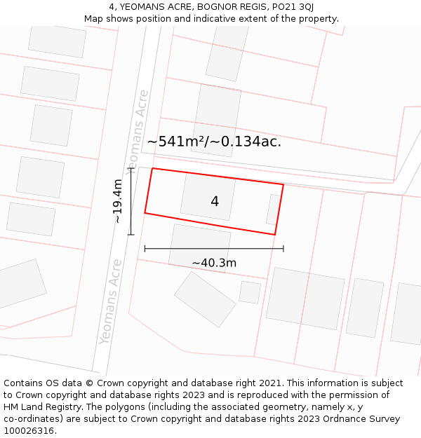 4, YEOMANS ACRE, BOGNOR REGIS, PO21 3QJ: Plot and title map