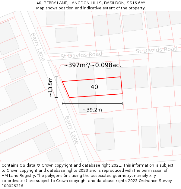 40, BERRY LANE, LANGDON HILLS, BASILDON, SS16 6AY: Plot and title map