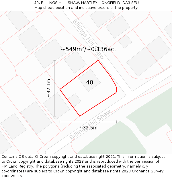 40, BILLINGS HILL SHAW, HARTLEY, LONGFIELD, DA3 8EU: Plot and title map