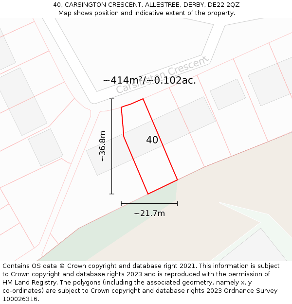 40, CARSINGTON CRESCENT, ALLESTREE, DERBY, DE22 2QZ: Plot and title map