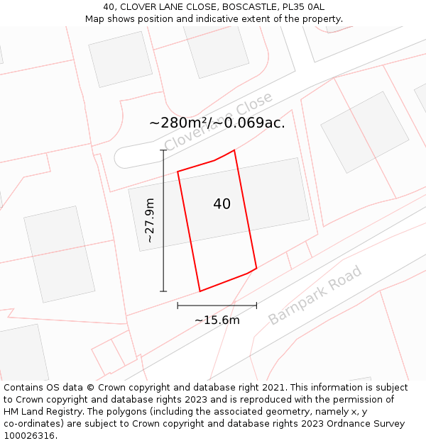 40, CLOVER LANE CLOSE, BOSCASTLE, PL35 0AL: Plot and title map