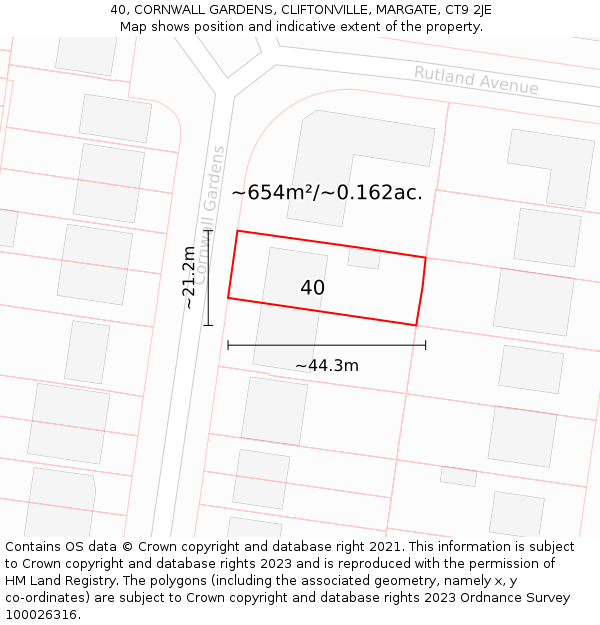 40, CORNWALL GARDENS, CLIFTONVILLE, MARGATE, CT9 2JE: Plot and title map