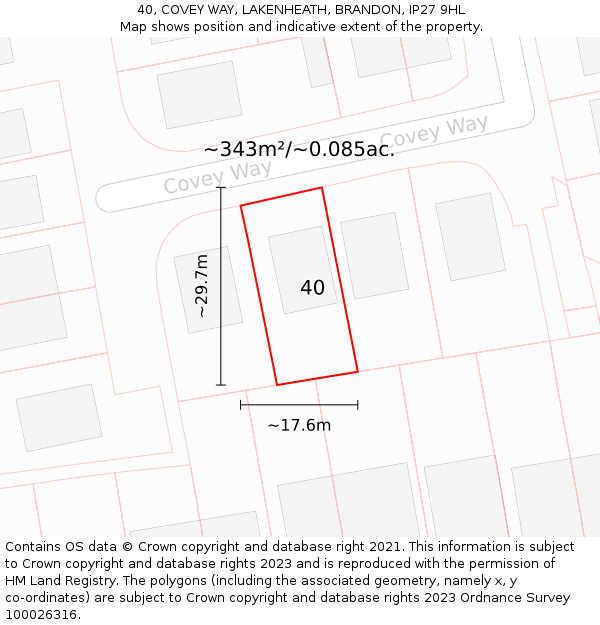 40, COVEY WAY, LAKENHEATH, BRANDON, IP27 9HL: Plot and title map