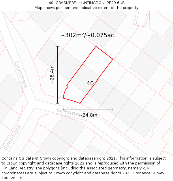 40, GRASMERE, HUNTINGDON, PE29 6UR: Plot and title map