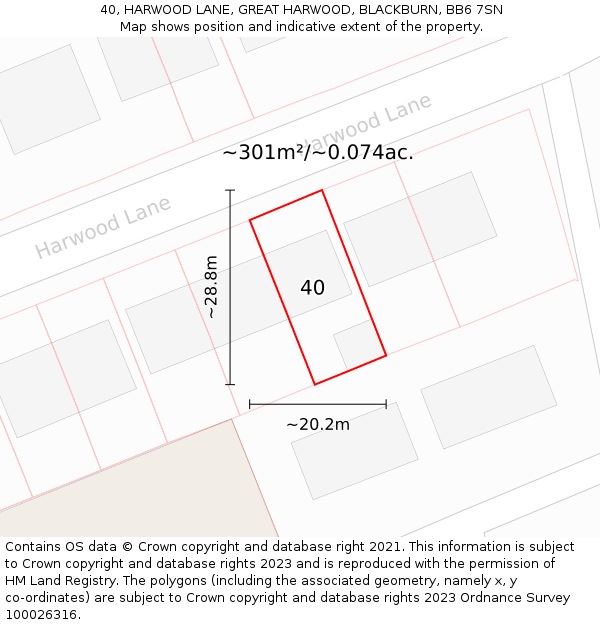 40, HARWOOD LANE, GREAT HARWOOD, BLACKBURN, BB6 7SN: Plot and title map