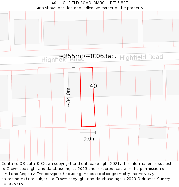 40, HIGHFIELD ROAD, MARCH, PE15 8PE: Plot and title map