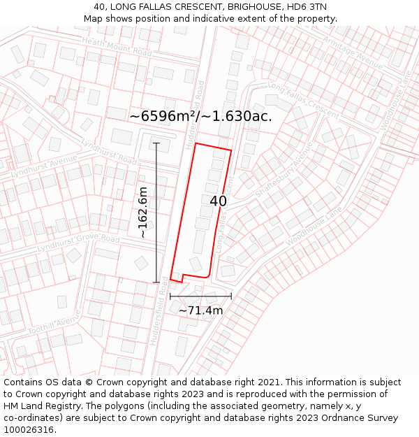 40, LONG FALLAS CRESCENT, BRIGHOUSE, HD6 3TN: Plot and title map