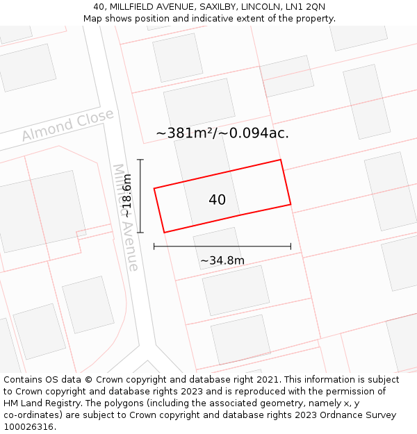 40, MILLFIELD AVENUE, SAXILBY, LINCOLN, LN1 2QN: Plot and title map