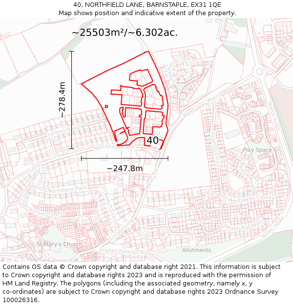 40, NORTHFIELD LANE, BARNSTAPLE, EX31 1QE: Plot and title map