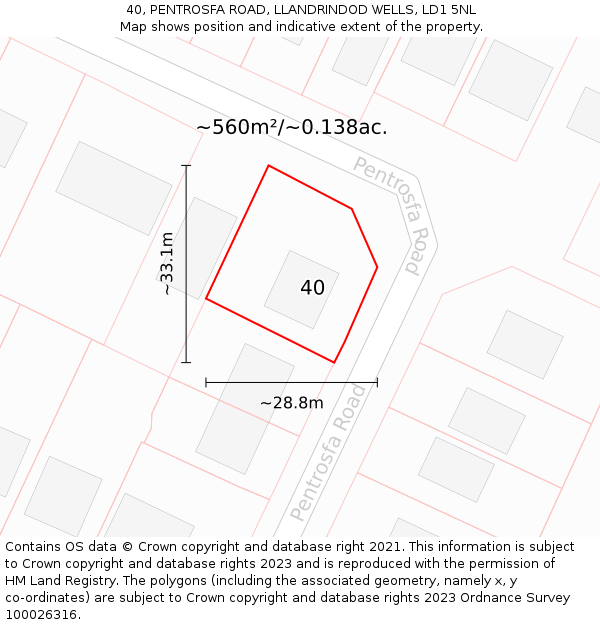 40, PENTROSFA ROAD, LLANDRINDOD WELLS, LD1 5NL: Plot and title map