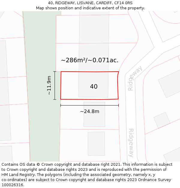 40, RIDGEWAY, LISVANE, CARDIFF, CF14 0RS: Plot and title map