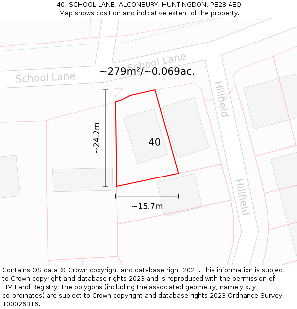 40, SCHOOL LANE, ALCONBURY, HUNTINGDON, PE28 4EQ: Plot and title map