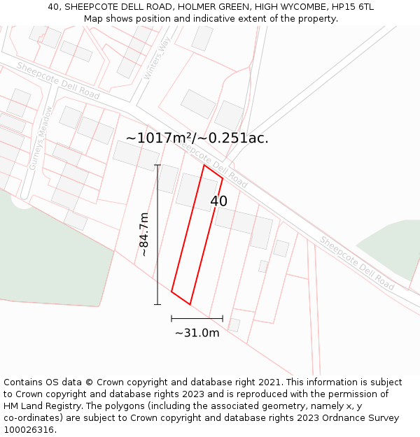 40, SHEEPCOTE DELL ROAD, HOLMER GREEN, HIGH WYCOMBE, HP15 6TL: Plot and title map