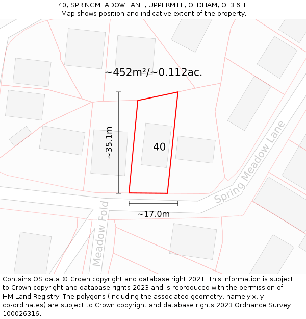 40, SPRINGMEADOW LANE, UPPERMILL, OLDHAM, OL3 6HL: Plot and title map