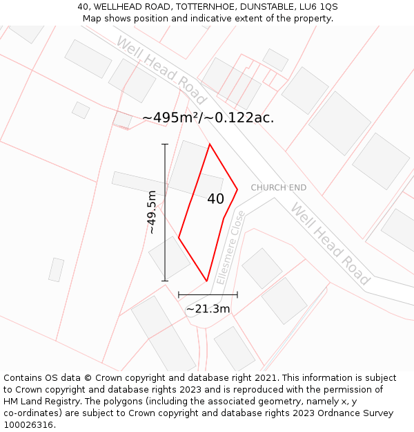 40, WELLHEAD ROAD, TOTTERNHOE, DUNSTABLE, LU6 1QS: Plot and title map