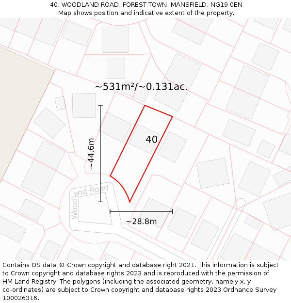 40, WOODLAND ROAD, FOREST TOWN, MANSFIELD, NG19 0EN: Plot and title map