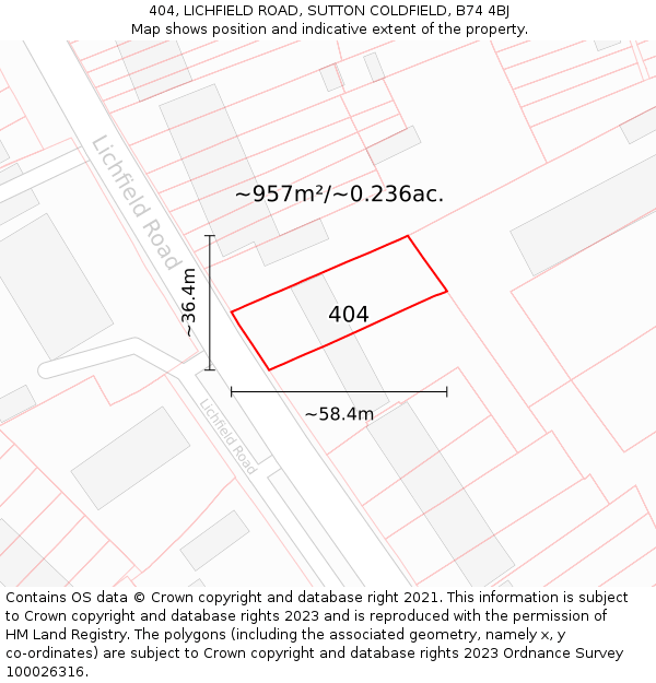 404, LICHFIELD ROAD, SUTTON COLDFIELD, B74 4BJ: Plot and title map