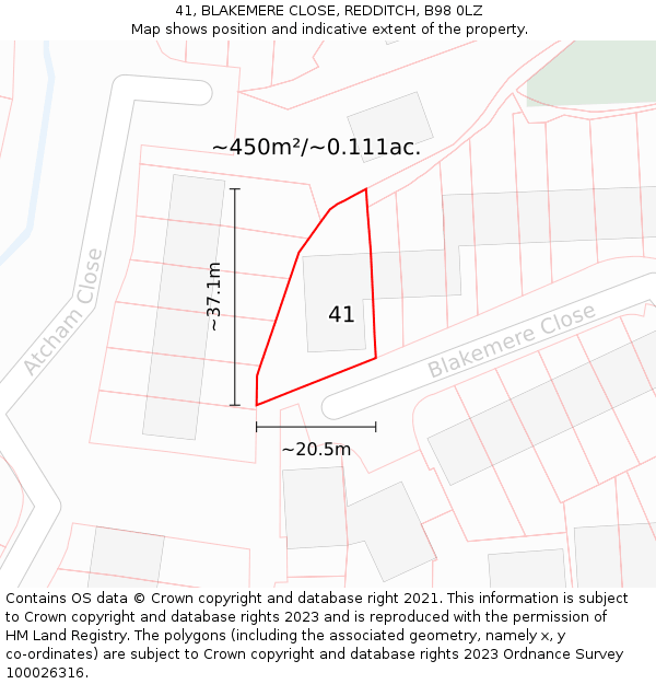 41, BLAKEMERE CLOSE, REDDITCH, B98 0LZ: Plot and title map