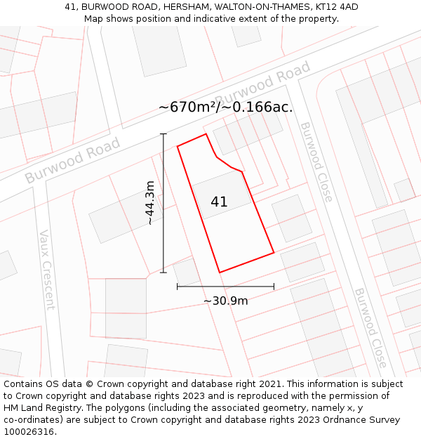 41, BURWOOD ROAD, HERSHAM, WALTON-ON-THAMES, KT12 4AD: Plot and title map