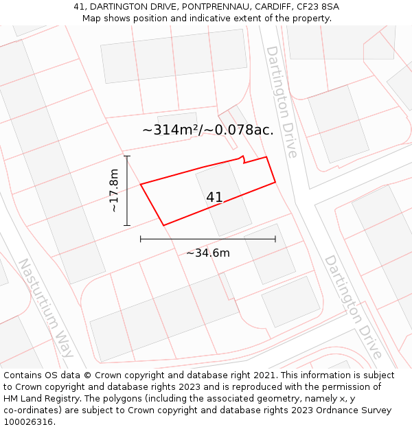 41, DARTINGTON DRIVE, PONTPRENNAU, CARDIFF, CF23 8SA: Plot and title map