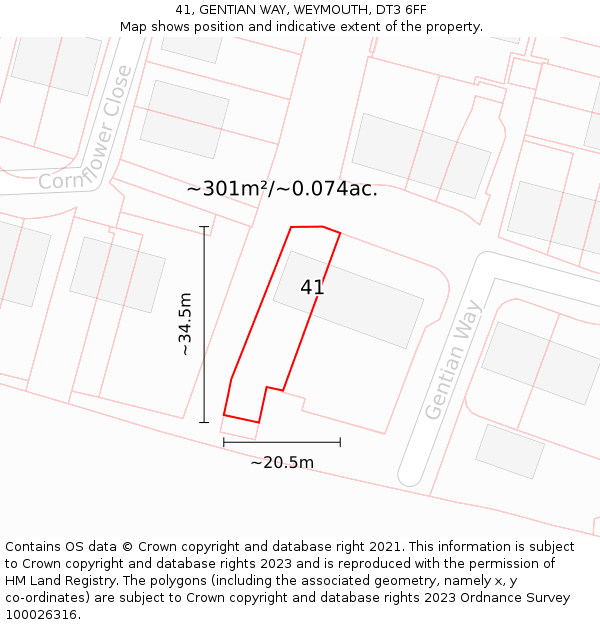 41, GENTIAN WAY, WEYMOUTH, DT3 6FF: Plot and title map