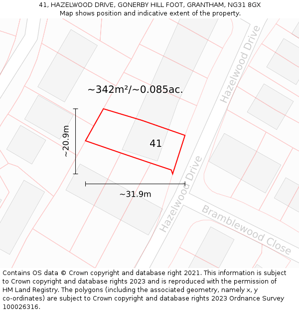 41, HAZELWOOD DRIVE, GONERBY HILL FOOT, GRANTHAM, NG31 8GX: Plot and title map