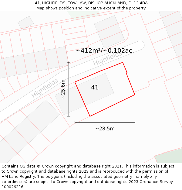 41, HIGHFIELDS, TOW LAW, BISHOP AUCKLAND, DL13 4BA: Plot and title map