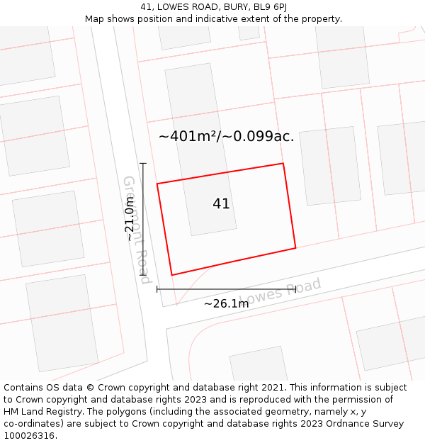 41, LOWES ROAD, BURY, BL9 6PJ: Plot and title map