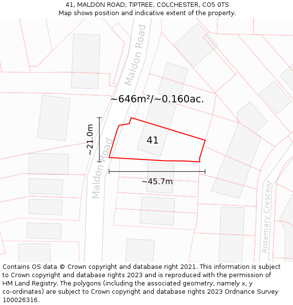 41, MALDON ROAD, TIPTREE, COLCHESTER, CO5 0TS: Plot and title map