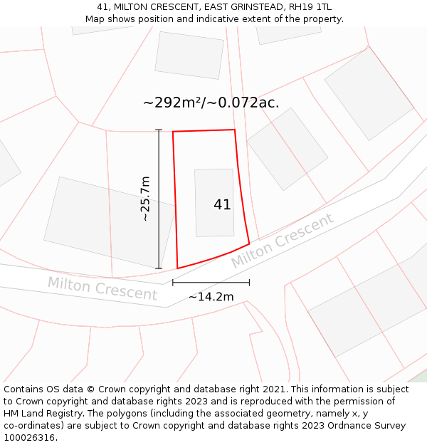 41, MILTON CRESCENT, EAST GRINSTEAD, RH19 1TL: Plot and title map