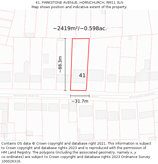 41, PARKSTONE AVENUE, HORNCHURCH, RM11 3LN: Plot and title map