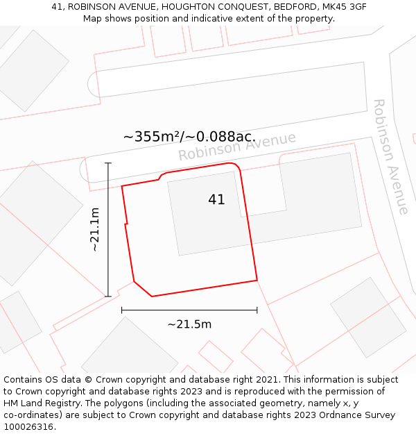 41, ROBINSON AVENUE, HOUGHTON CONQUEST, BEDFORD, MK45 3GF: Plot and title map