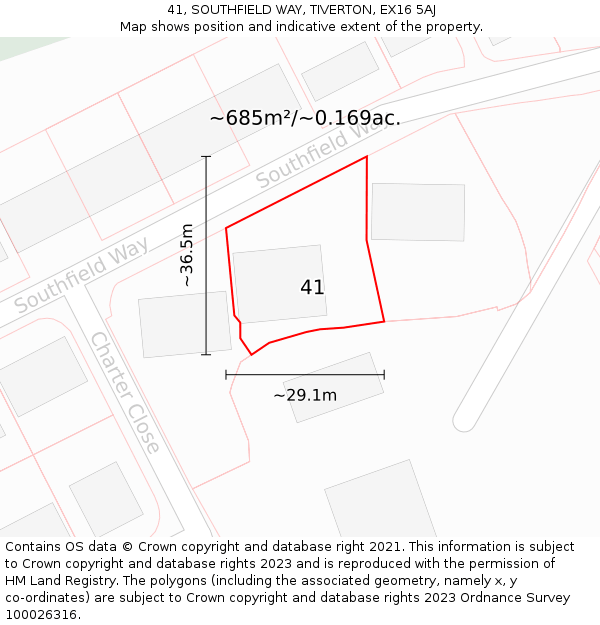 41, SOUTHFIELD WAY, TIVERTON, EX16 5AJ: Plot and title map