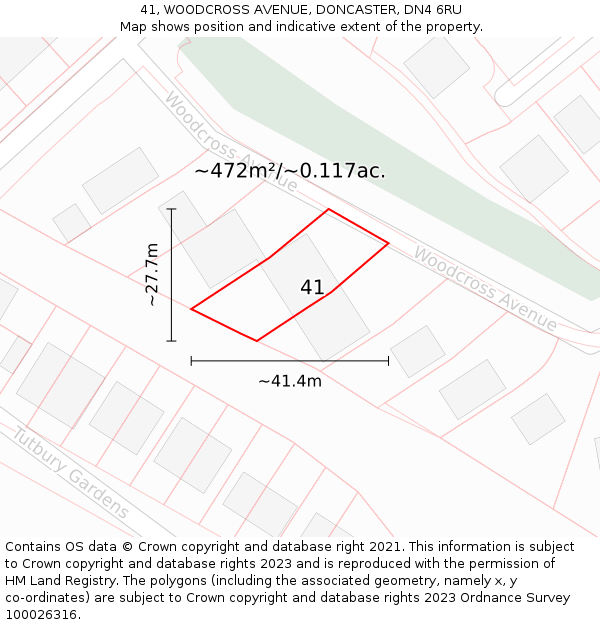 41, WOODCROSS AVENUE, DONCASTER, DN4 6RU: Plot and title map