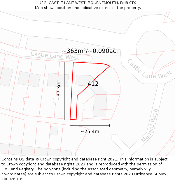 412, CASTLE LANE WEST, BOURNEMOUTH, BH8 9TX: Plot and title map