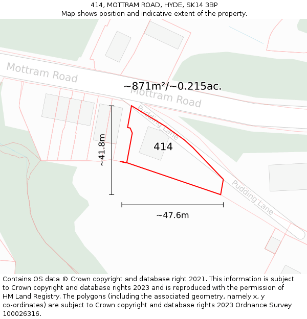 414, MOTTRAM ROAD, HYDE, SK14 3BP: Plot and title map