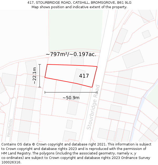 417, STOURBRIDGE ROAD, CATSHILL, BROMSGROVE, B61 9LG: Plot and title map