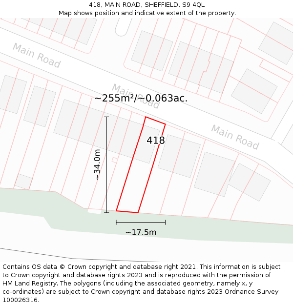 418, MAIN ROAD, SHEFFIELD, S9 4QL: Plot and title map