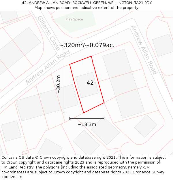 42, ANDREW ALLAN ROAD, ROCKWELL GREEN, WELLINGTON, TA21 9DY: Plot and title map