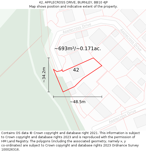 42, APPLECROSS DRIVE, BURNLEY, BB10 4JP: Plot and title map