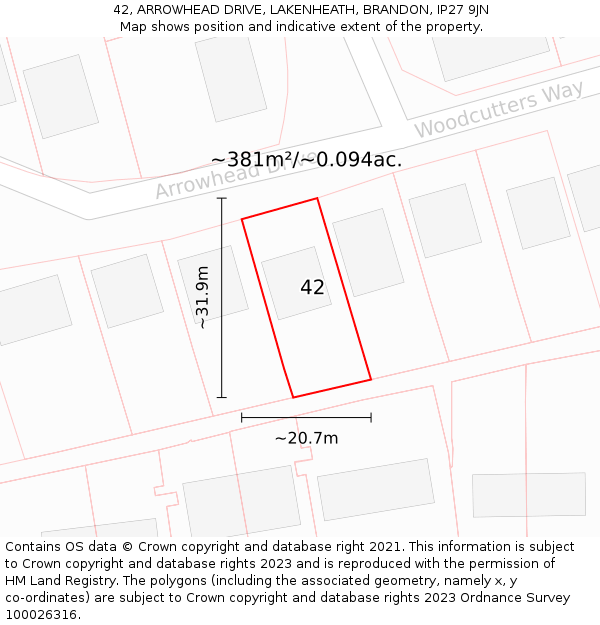 42, ARROWHEAD DRIVE, LAKENHEATH, BRANDON, IP27 9JN: Plot and title map