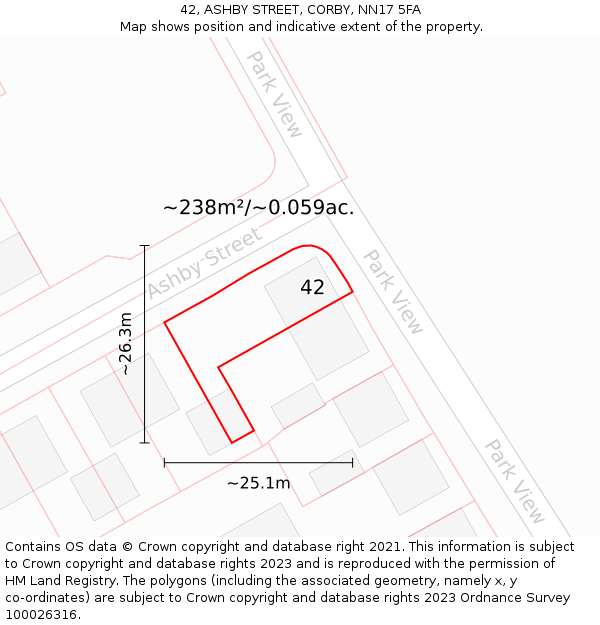 42, ASHBY STREET, CORBY, NN17 5FA: Plot and title map